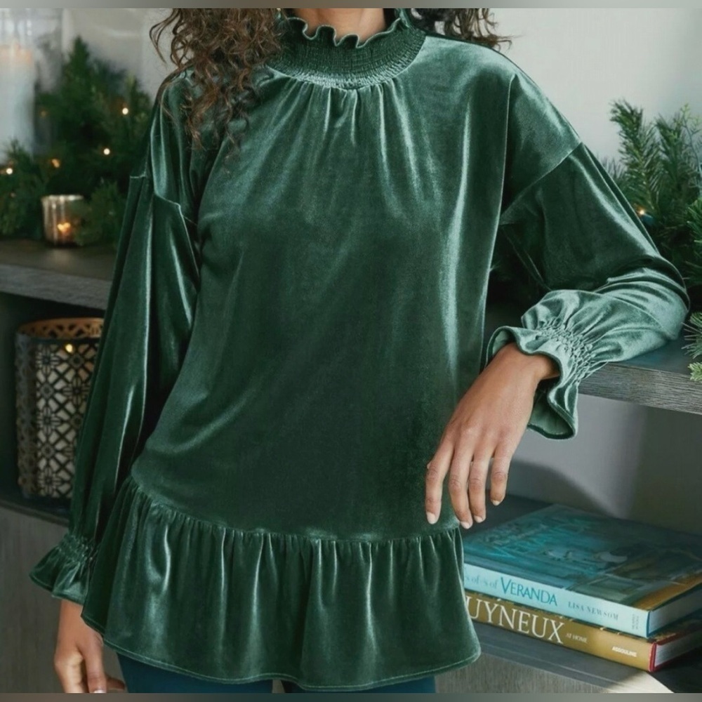 Soft Surroundings Floriana Velvet Peplum Ruffle Blouse Pine Grove Size Medium